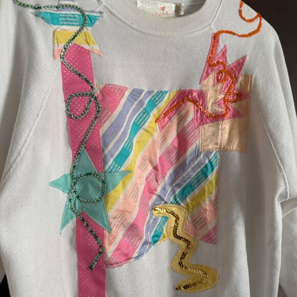 80s Vintage Marcia White and Neon Spandex Sequin Sweatshirt Oversized | Medium - Picture 2 of 6